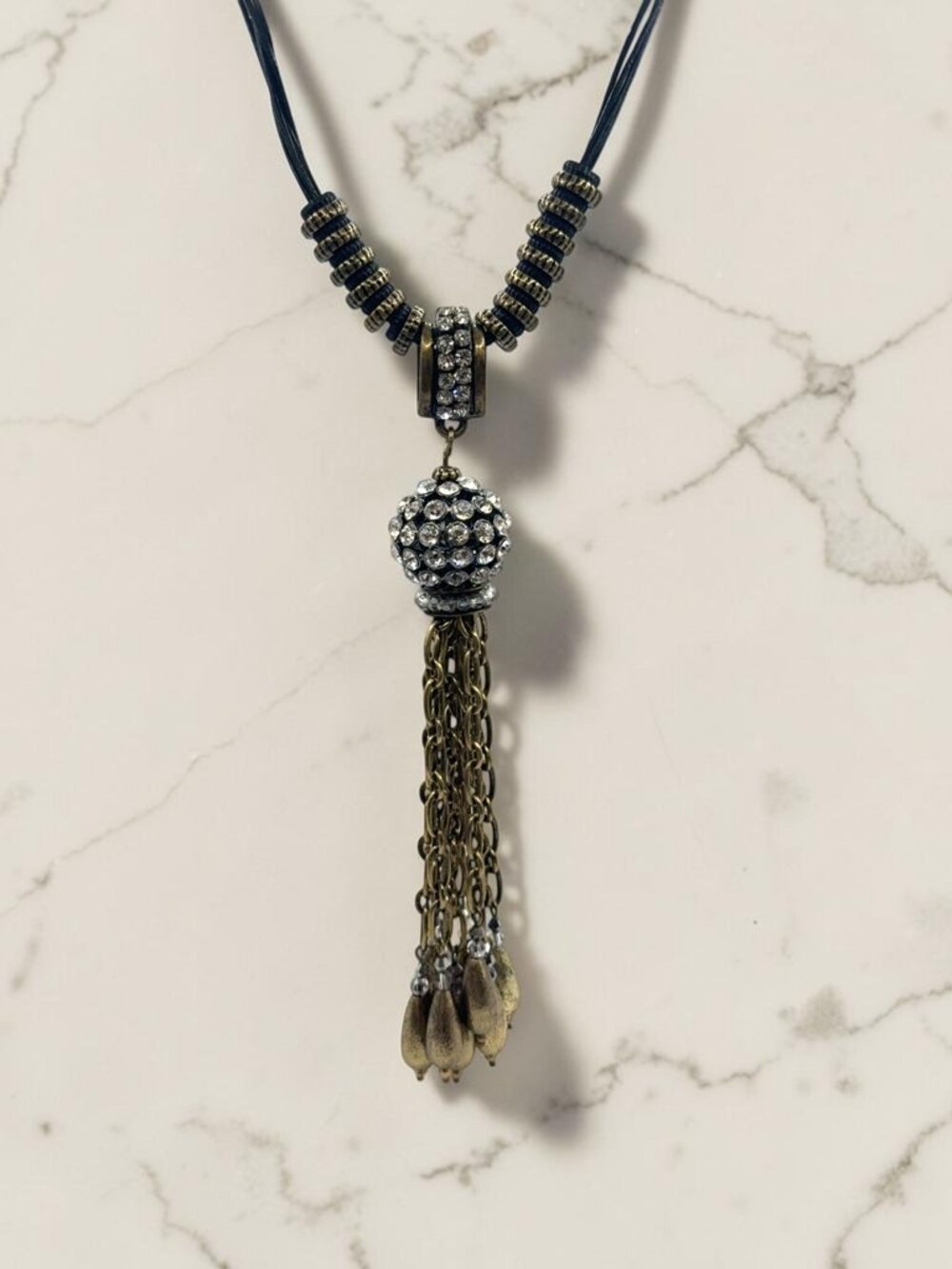 Chico's Brass and Rhinestone Tassel Necklace